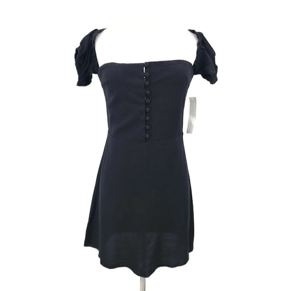 New Flynn Skye Black Bardot Mini Dress Womens M Button Up Off Shoulder